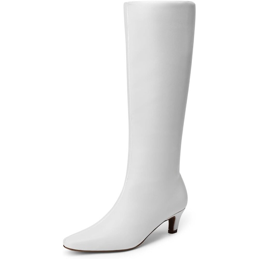 Women White Knee High Boots 2 Inch Kitten Heel Fashion Sexy Square Toe Wide Calf